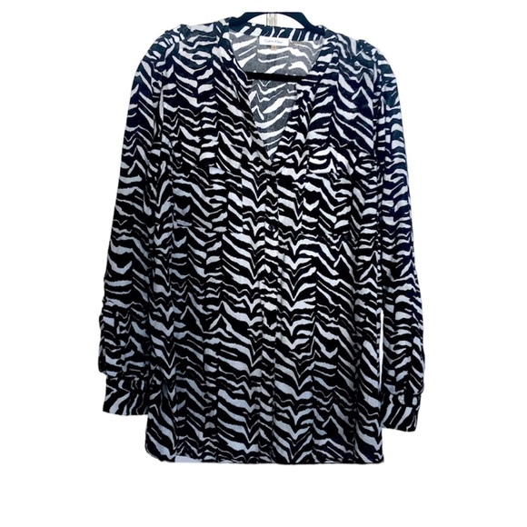 Calvin Klein Linen Blouse Button Front Black & Zebra Print Long Sleeve L - Picture 1 of 8